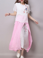 Women Short Sleeve Embroidered T-shirts Skirt Vintage Suits