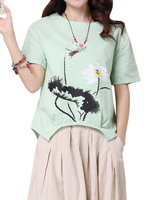 Women Short Sleeve Floral Printed Irregular Hem T-shirt