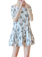 Women Short Sleeve Floral Printing Loose Mini Dress