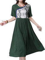 Women Short Sleeve High Waist Retro Floral Patchwork Vintage Dress