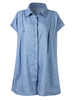 Women Short Sleeve Lapel Pure Color Thin Denim Blouse