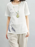 Women Short Sleeve O Neck Brief Bird Embroidery T-shirt