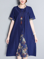 Women Short Sleeve O-neck Patchwork Vintage Dresses