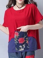 Women Short Sleeve Patchwork Pocket Vintage T-shirts