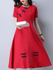 Women Short Sleeve Plate Buckle High Waist Vintage Dresses