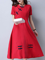 Women Short Sleeve Plate Buckle High Waist Vintage Dresses