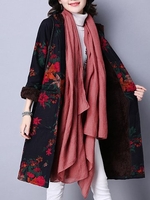 Women Single-Breasted Floral Printed Long Sleeve Hooded Thicken Coats