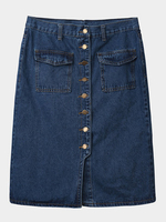 Women Single Breasted High Waist Pocket Slit Denim Midi Skirt