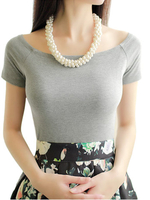 Women Slash Neck Pure Color Slim Crop Top T-shirt