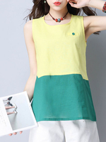 Women Sleeveless Contrast Color O-Neck Vintage Tank Tops