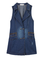 Women Sleeveless Double-Breasted Denim Long Vest Waistcoat