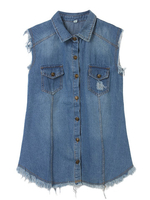 Women Sleeveless Lapel Pocket Ripped Waistcoat Denim Jacket
