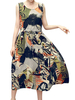 Women Sleeveless Printed Drawstring Mid-Long Vintage Dresses