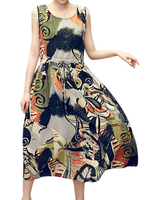 Women Sleeveless Printed Drawstring Mid-Long Vintage Dresses