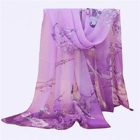 Women Soft Long Chiffon Scarf Wrap Print Magpies Primula Pattern Beach Shawls