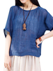 Women Solid Color Batwing Sleeve Pocket Cotton Linen T-shirt