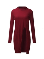 Women Solid Color Front Slit Long Sleeve Knit Sexy Dress