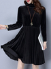Women Solid Color Patchwork Long Sleeve High Collar Pleated Dress
