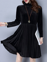 Women Solid Color Patchwork Long Sleeve High Collar Pleated Dress