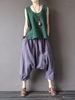 Women Solid Elastic Waist Pocket Cotton Linen Capri Pants