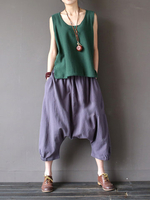 Women Solid Elastic Waist Pocket Cotton Linen Capri Pants