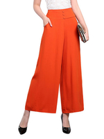 Women Solid Pocket Button Cotton Linen Wide Leg Pants