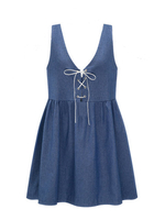 Women Solid Sleeveless V-Neck Bowknot Denim A-Line Dress