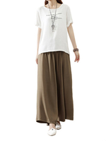 Women Solid Stretch Waist Waistband Cotton Linen Wide Leg Pants