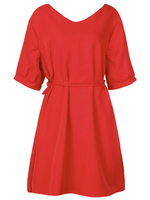 Women Solid V-Neck Puff Sleeve Pleated Mini Dress With Belt