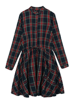 Women Stand Collar Plaid Check Button Belted A-line Dress