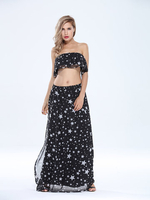 Women Strapless Ruffles Star Printed Two Pieces Chiffon Beach Dress