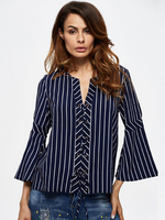 Women Stripe 3/4 Sleeve V-Neck Off Shoulder Chiffon Blouses