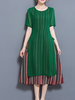 Women Stripe Fake Two Pieces Short Sleeve Side Split Dresses
