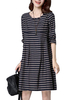 Women Stripe High Waist Long Sleeve Loose Vintage Dresses