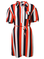 Women Stripe Lapels Button T-Shirt With Belt