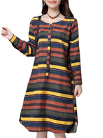 Women Stripe Long Sleeve Button Pocket Vintage Dresses