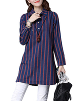 Women Stripe Long Sleeve Lapel Loose Vintage Blouse
