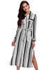 Women Stripe Long Sleeve Lapel Side Split Long Maxi Dress