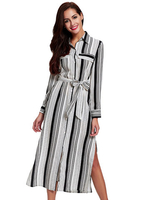 Women Stripe Long Sleeve Lapel Side Split Long Maxi Dress