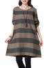 Women Stripe Long Sleeve O Neck Vintage Cotton Dresses