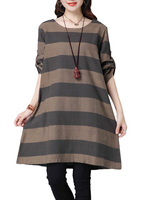 Women Stripe Long Sleeve O Neck Vintage Cotton Dresses
