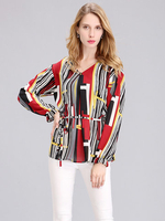 Women Stripe Printed V Neck Long Sleeve Chiffon Blouse