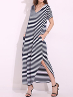 Women Stripe V-Neck Side Split Loose Long Maxi Dresses
