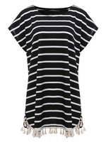 Women Striped Batwing Sleeve Tassels Patchwork Mini Dress