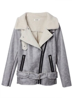 Women Suede Adjustable Belt Long Sleeve Zipper Lapel Coat