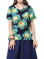 Women Sunflower Printing Split Hem Cotton Linen T-shirt