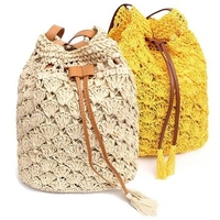 Women Sweet Beach Sling Bag Straw Drawstring Handbag Leisure Bucket