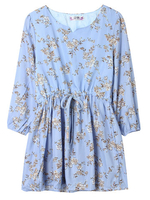Women Three Quarter Sleeve Floral Printed Drawstring A-line Mini Dress