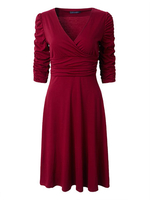 Women Tunic Half Sleeve Pleated Vintage V-Neck Dresses