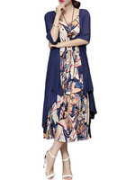 Women Two Pieces Floral Printed Long Maxi Vintage Dress